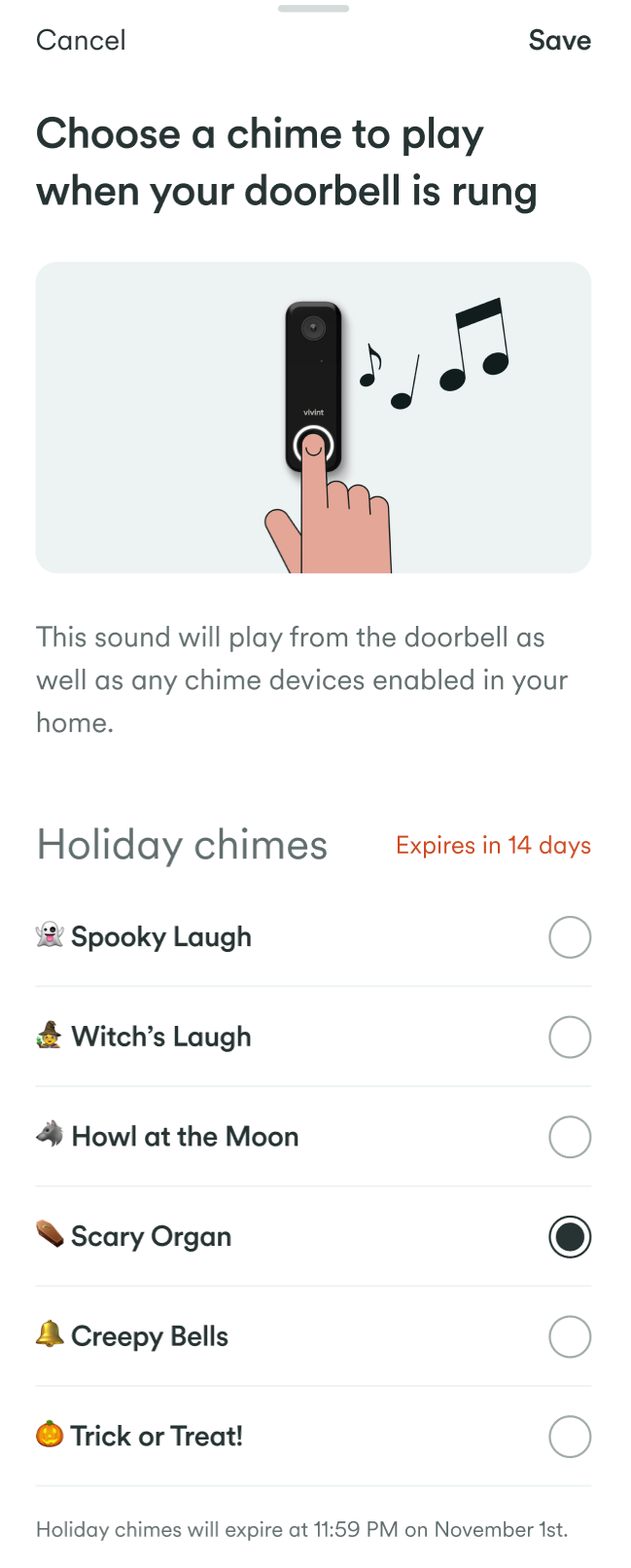 Vivint app best sale doorbell sound